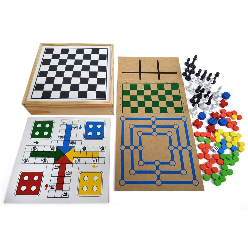 Jogos de Tabuleiro 5 em 1 - Dama + Trilha + Ludo + Xadrez + Jogo da Velha - Diversão em família