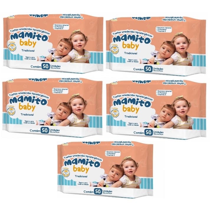 Kit com 5 - Lenços Umedecidos Mamito Baby Toalhas Umedecidas 50 Unidades Cada