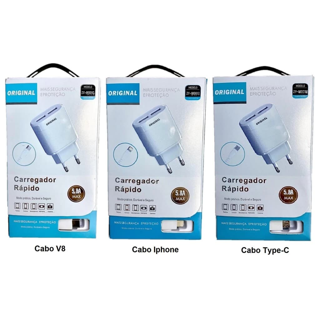 1 Carregador Iphone IOS, V8 ou Tipo-C Super Rapido Parede ou Carro 2 Saídas + Cabo USB Android