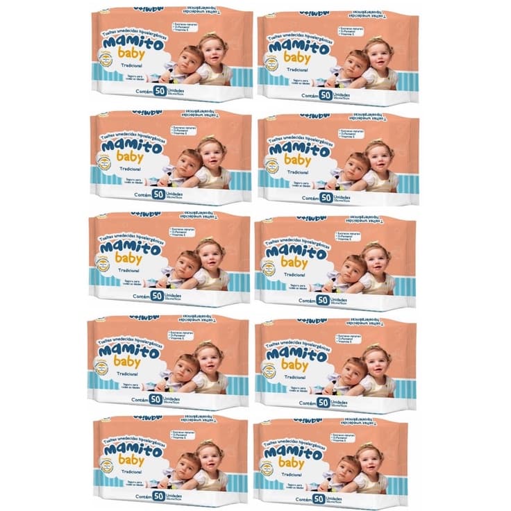Kit com 10 - Lenços Umedecidos Mamito Baby Toalhas Umedecidas 50 Unidades Cada (total: 500 Unidades)