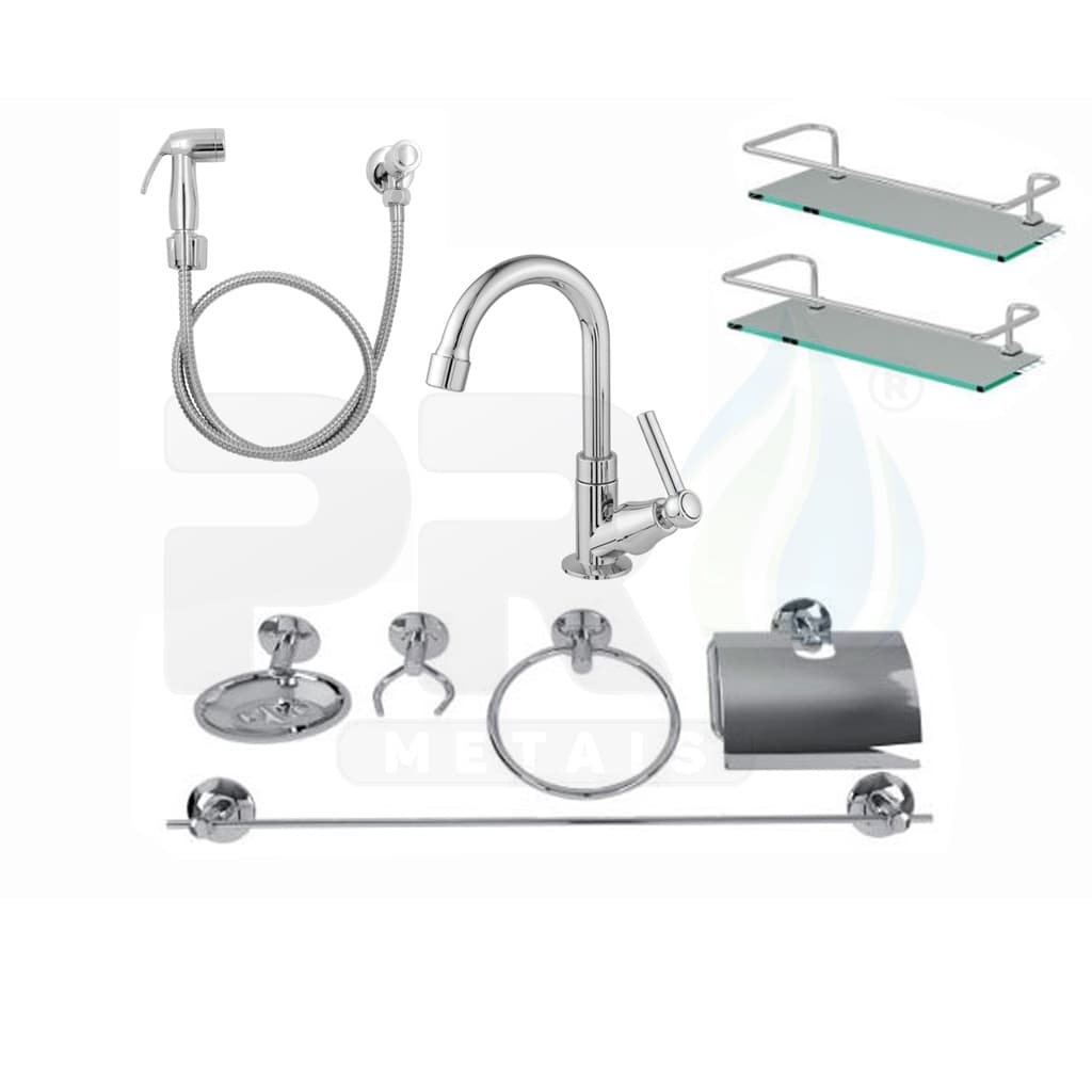 KIT COMPLETO BANHEIRO  1 Torneira 1198 Abs + 2 Porta Shampoo + 1 Kit Acessórios + 1 Ducha Abs C.1024