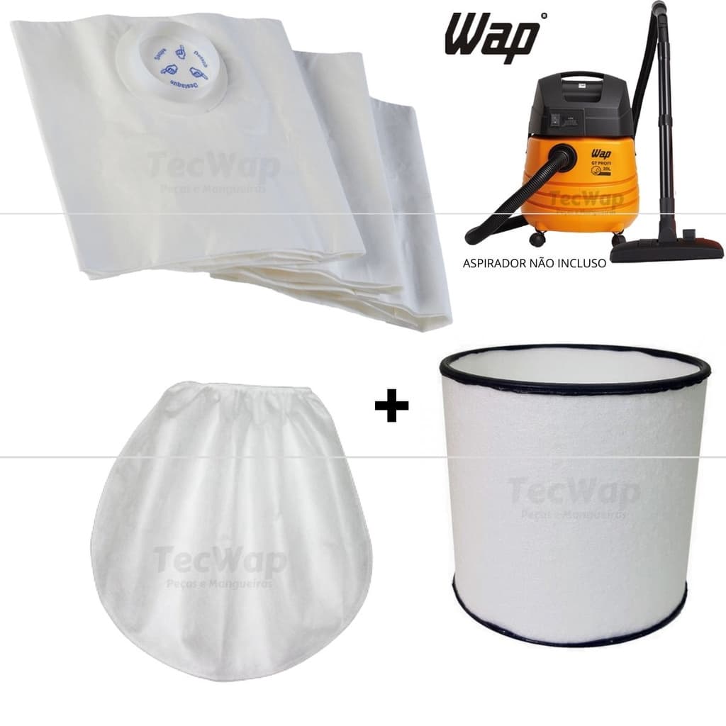 Kit Filtro Permanente + Pano + 3 Sacos Aspirador Wap Gt Profi 20l