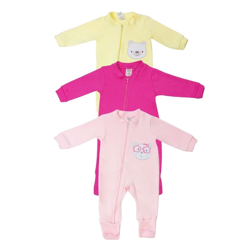 Macacao Bebe Bordado Liso Kit 3 Peças Macacao Zíper Infantil Menina Enxoval Maternidade 100% Algodão