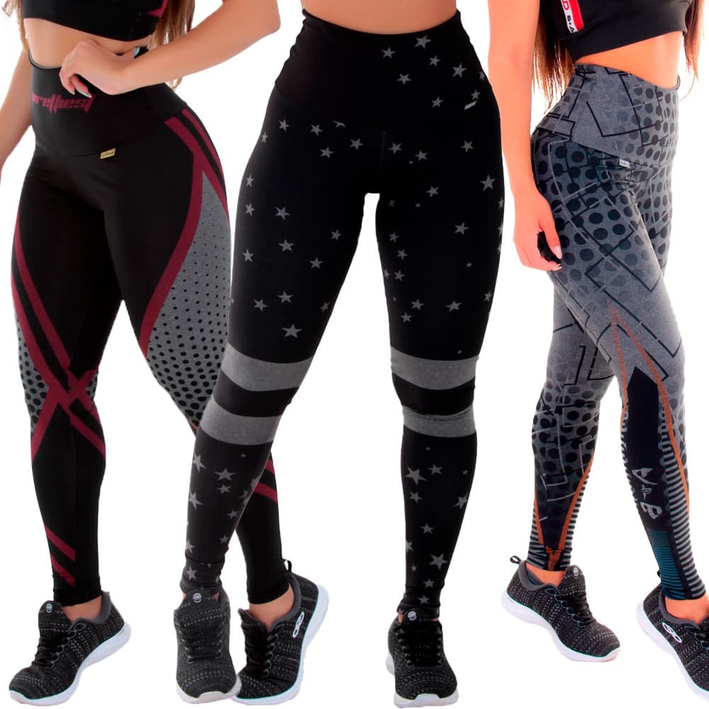 KIT 3 Leggings Sem Transparência Mescla Sublimadas Moda Feminina Fitness