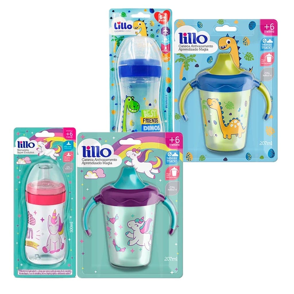 Kit Mamadeira Bebê 300ml Evolution + Copo Caneca Antivazamento Transição Aprendizado 207ml Magia Lillo