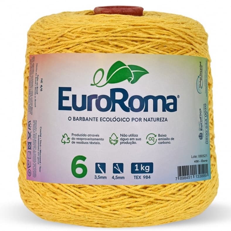 Barbante Fio 6 Colorido Euroroma 1kg Cone com 1014 Metros para Crochê, Tricô e Artesanato