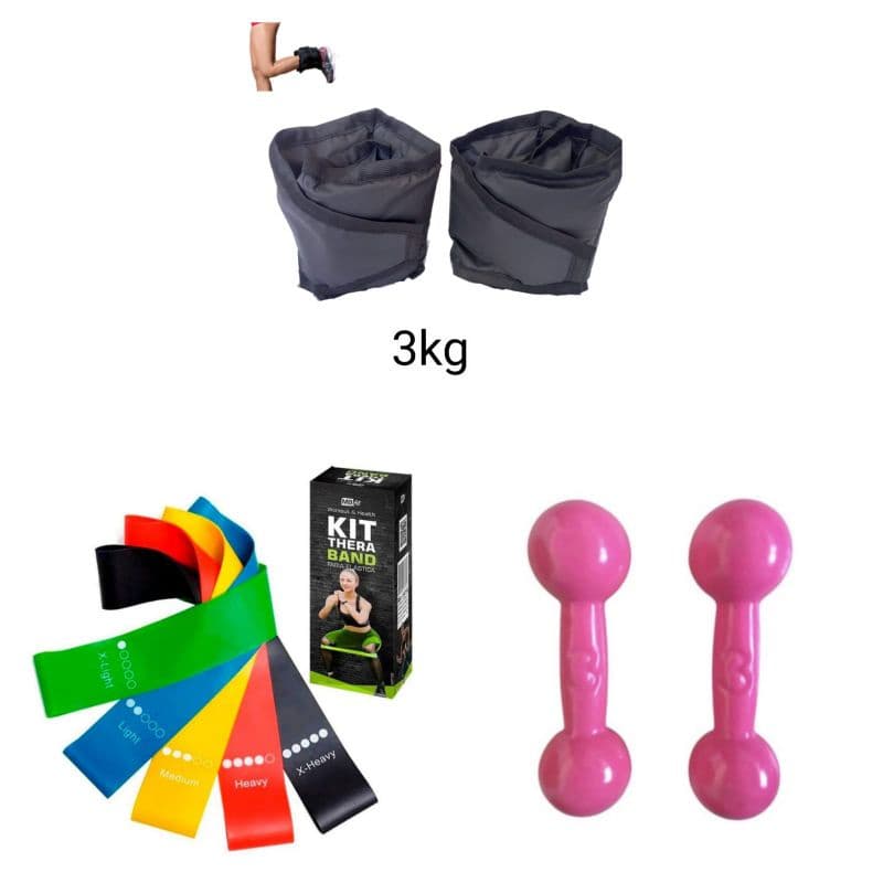 Kit treino musculação Halter 3kg + Caneleira 3kg + Kit Theraband
