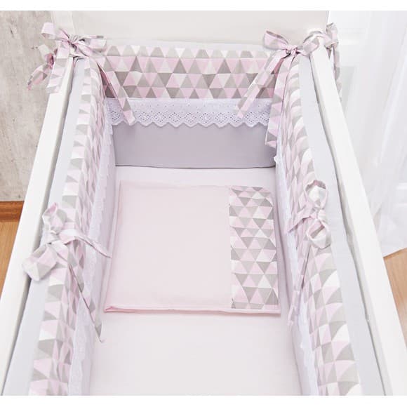 Kit para Mini Berço de Bebê Menina Geométrico Rosa e Cinza 3pçs Protetor para mini Berço de bebe Menina Rosa Cinza