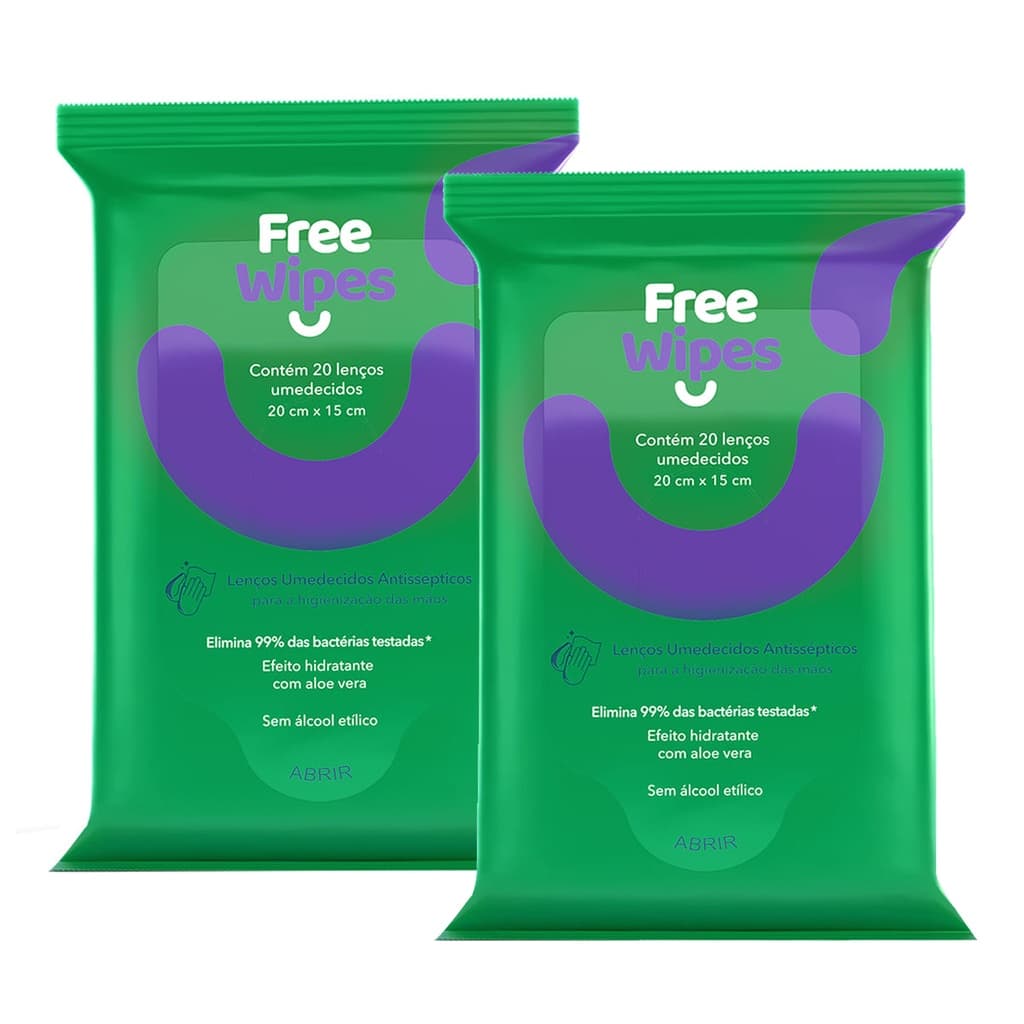 lenço umedecido antisseptico free wipes kit com 2 unidades 20 lenços cada