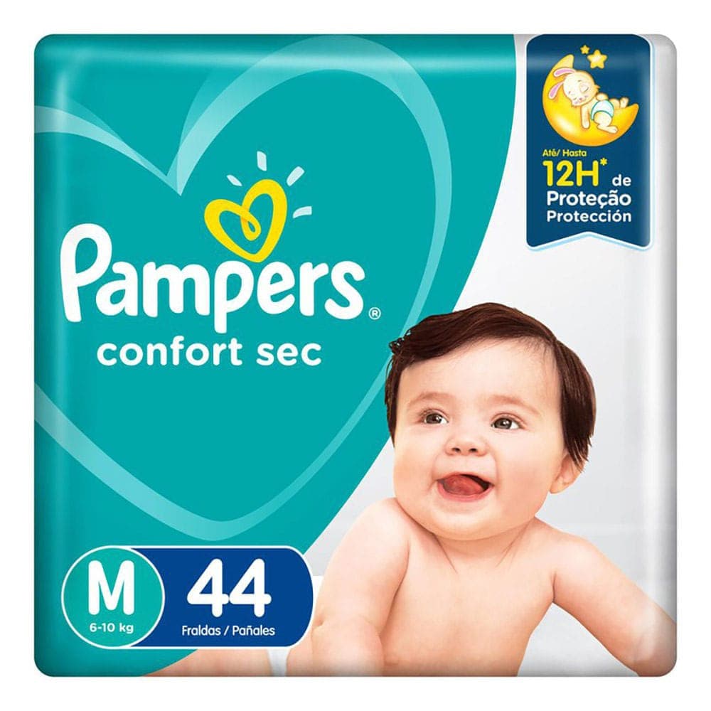 Fraldas Descartáveis Pampers Confort Sec.(P,M,G,XG) referente a um pacote.