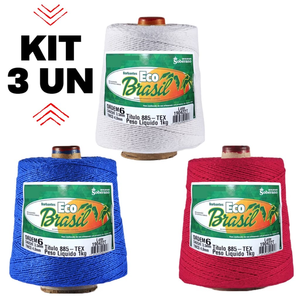 Kit 3 Barbante Eco Brasil 1kg Fio 6 Algodão Macio Soberano para Crochê Tricô Sousplat Trilho Mesa