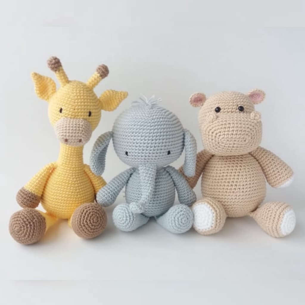 Kit safari em crochê (girafa + elefante + hipopótamo) - amigurumi para decorar