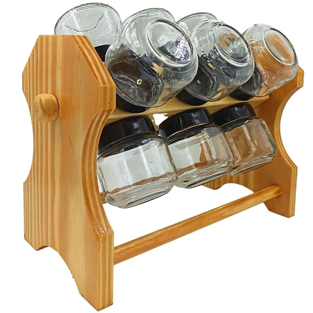 Porta Condimentos Giratório Rústico com 12 Potes de Vidro - Feito em Madeira Clara - Perfeito para Organizar seus Temperos e Especiarias - Design Prático e Elegante para sua Cozinha - Facilita o Acesso aos Condimentos