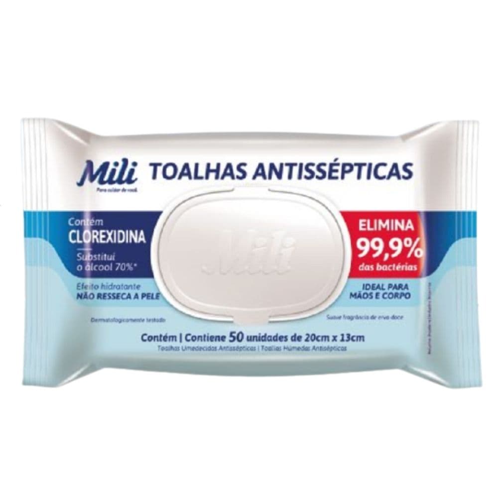 Lenço Umedecido ou Toalhas Antissépticas Mili 1 pacotes c/ 50 unidades