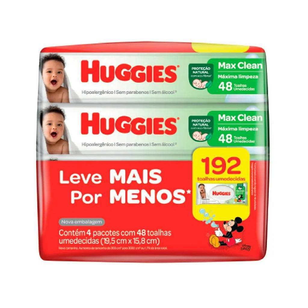 Kit com 04 pacotes de Lenços Umedecidos Huggies Max Clean 48un Cada Pacote (192 Unidades)