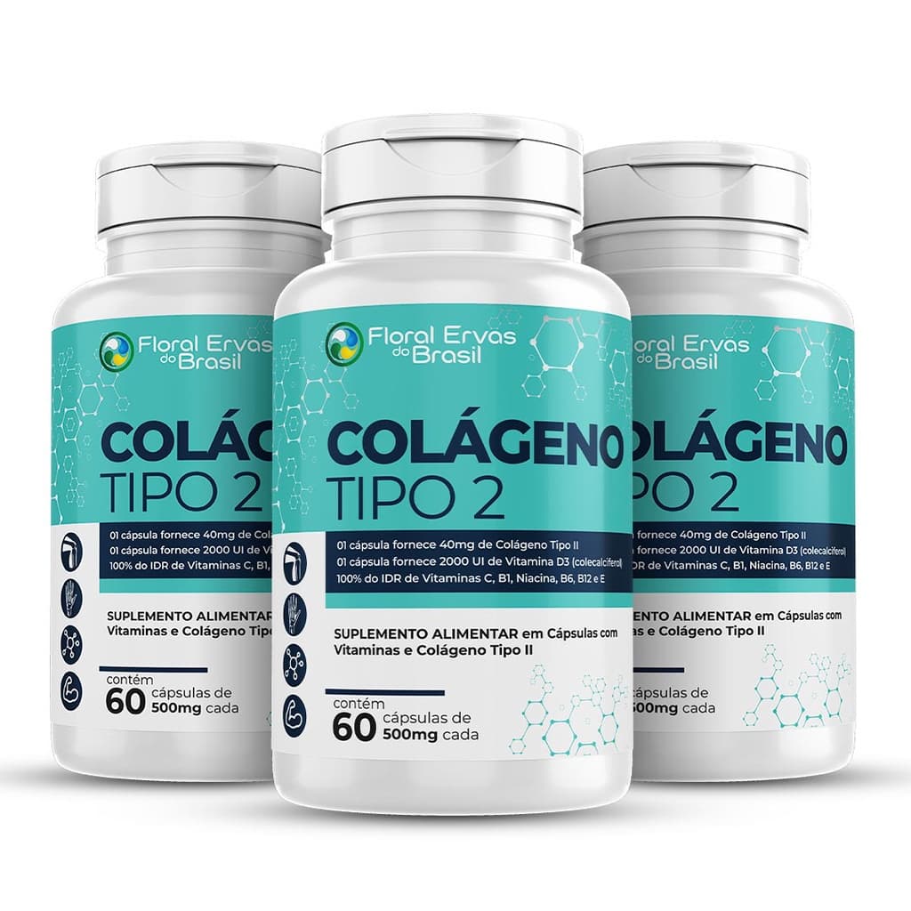 Colágeno Tipo 2 I I 3x 60 Cáp com Vitamina C E B1 B6 B12 e Vitamina D3 2.000UI por cáp
