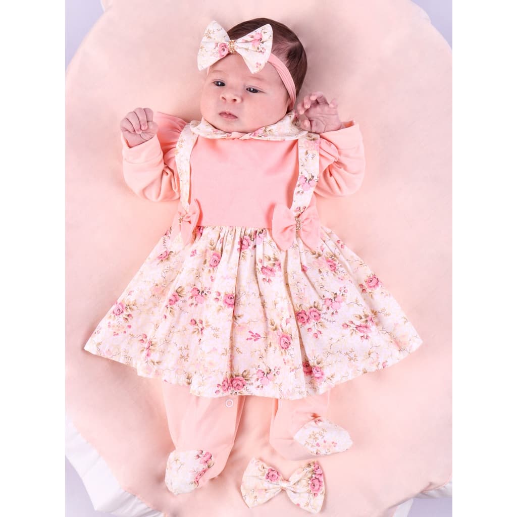 Saida de Maternidade Para Bebe Menina Salmão Floral Charme 04 peças Rosa Roupa de Bebê Menina