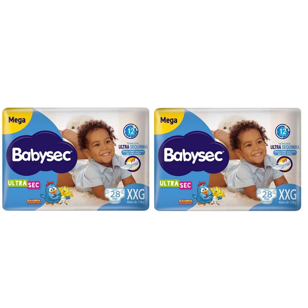 Fraldas Descartáveis Kit com 2 Pacotes Babysec Galinha Pintadinha Mega - Tamanho XXG - 56 Unidades
