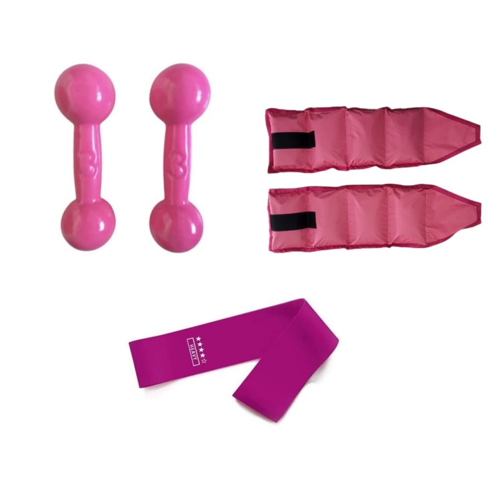 Kit Treino Aérobico Par Halter Peso Academia 3 Kg Rosa + Par Caneleira Tornozeleira 3 Kg Rosa + Mini Band