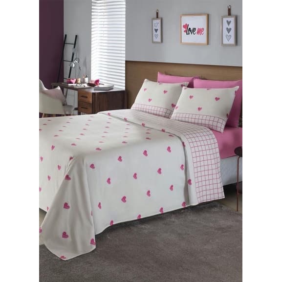 Jogo de Cama 4 Peças 150 Fios Casal CORAÇÃO E XADREZ ROSA - 1 lençol, 1 sobre lençol, 2 fronhas