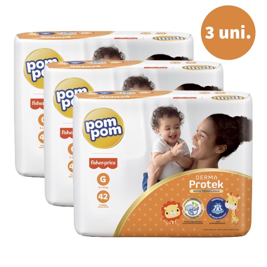 Kit com 3 Pacotes Fralda Descartável Pom Pom Derma Protek Mega