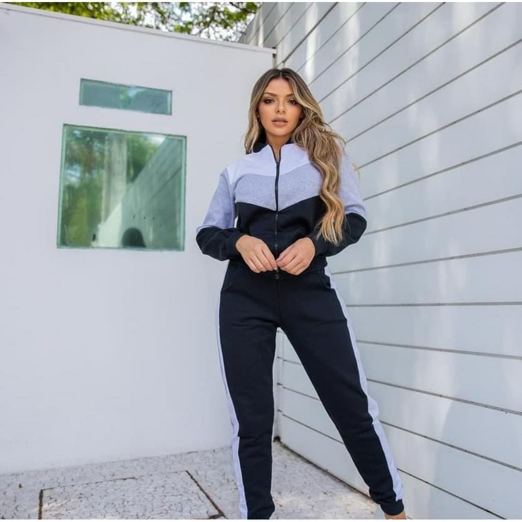 MOLETOM ZIPER  AGASALHO FEMININO MOLETOM Com ZIPER Conjunto zíper Blusa Manga Longa Frio Agasalho Feminino zíper Calca Tipo Moletom Cinza de Frio flanelado por dentro Calça e Blusa Feminina Preto Tipo Moletom Conjunto Feminino