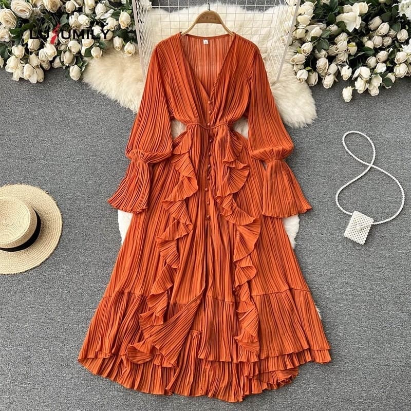 Vestido Longo Das Mulheres Do Vintage Vestidos De Festa De Manga Longa Primavera Verão Feminino Casual Drapeado Plissado