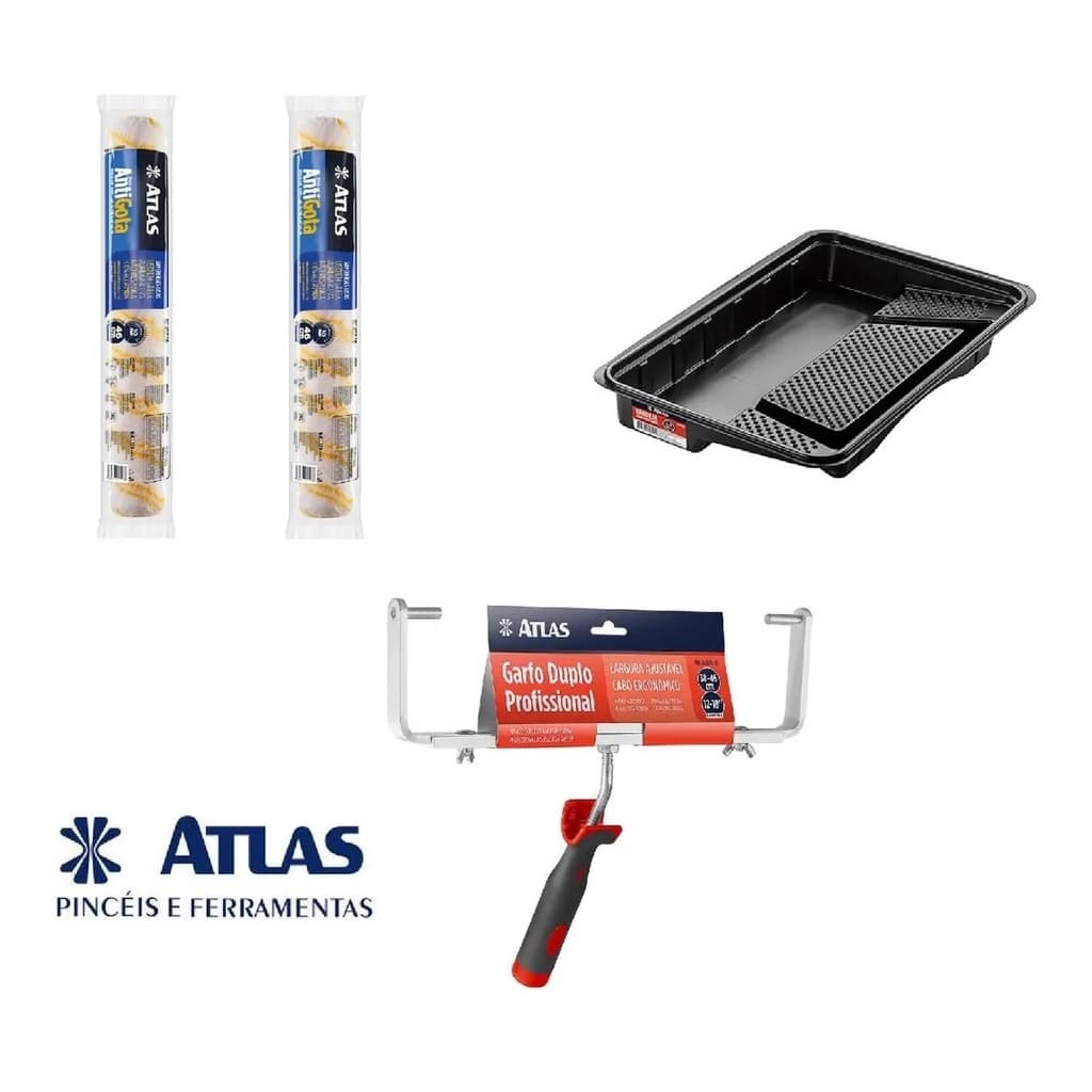 Kit Pintura Pro Duplo 46cm Bandeja Garfo + 2 Rolos Lã Antigota Atlas