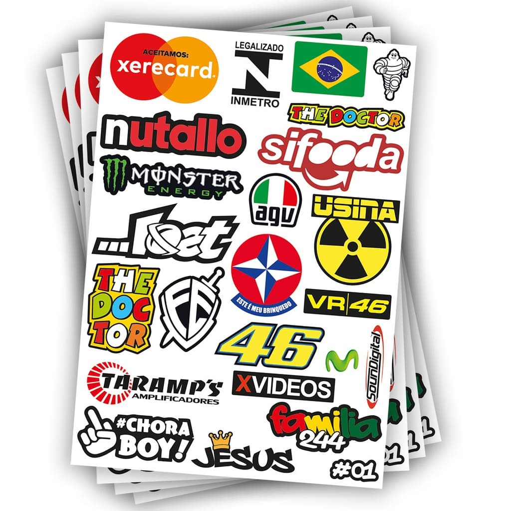 Adesivos Moto Cartela 24 pçs - Adesivos para Moto Carro Sticker Notebook Celular - Diversos Modelos