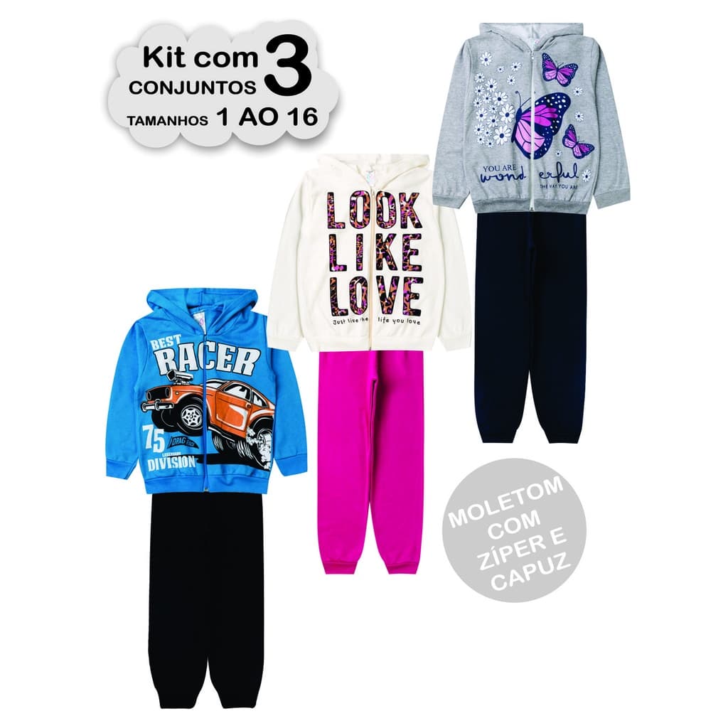 3 Conjunto Moletom Infantil 1 ao 16 Juvenil Menina Menino roupa frio