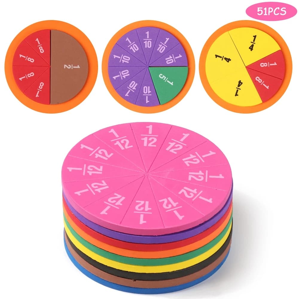 51 Pcs 9 Cores Colorido Circular Brinquedos De Frações Contagem/EVA Rodada Em Forma De Instrumento De Demão/Crianças Educacional Matemática Puzzle Brinquedo 