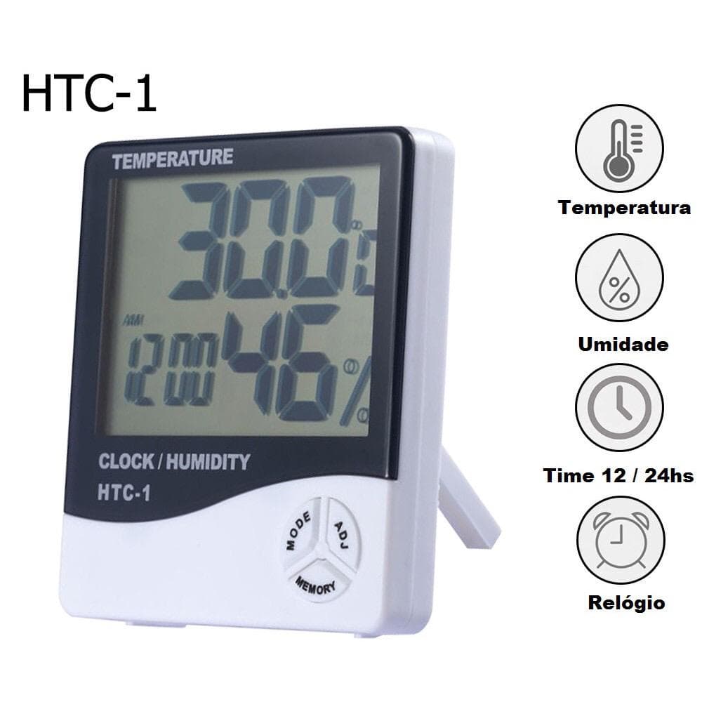 Termo Higrômetro Higrometro Digital Medidor De Temperatura Umidade Do Ar E Relógio Digital Extensão