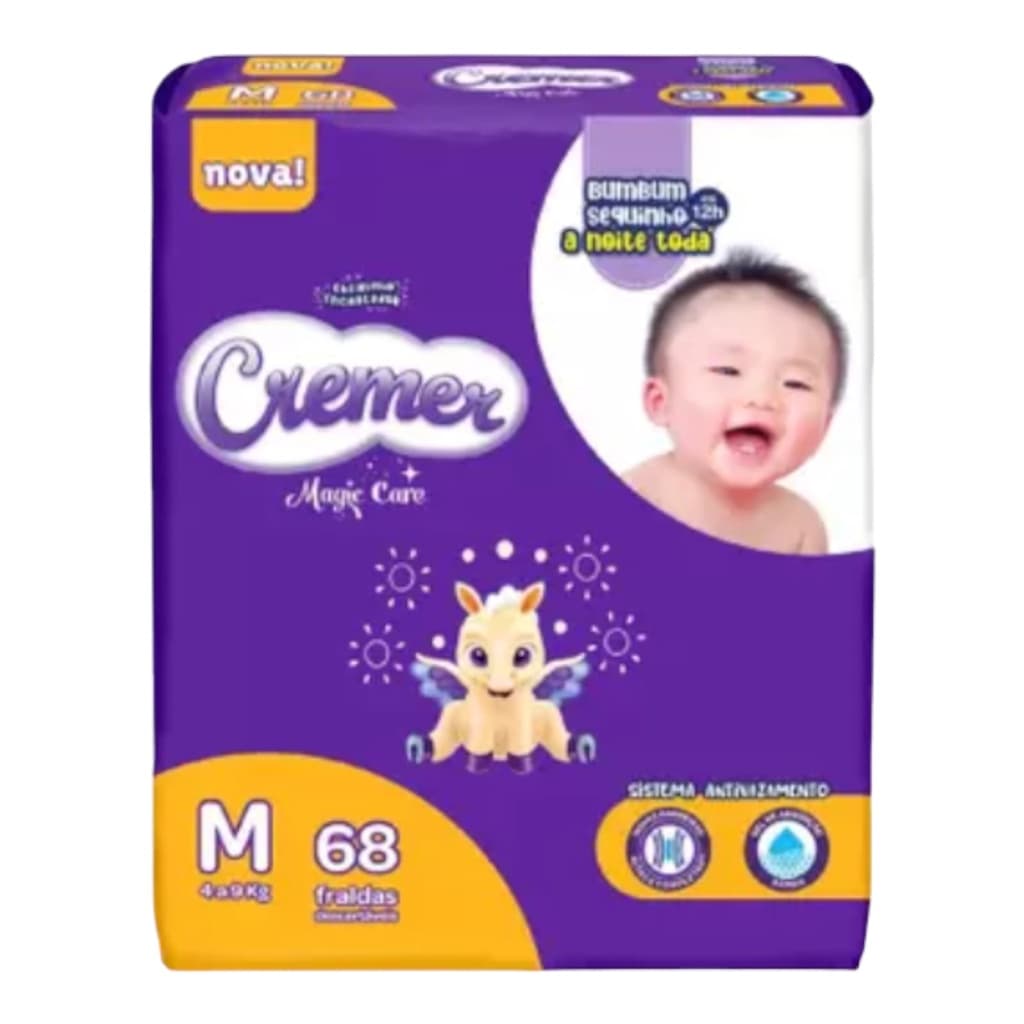 Fralda Descartável Infantil Bebê Cremer Magic Care Tamanho M de 4 a 9kg 68 Unidades