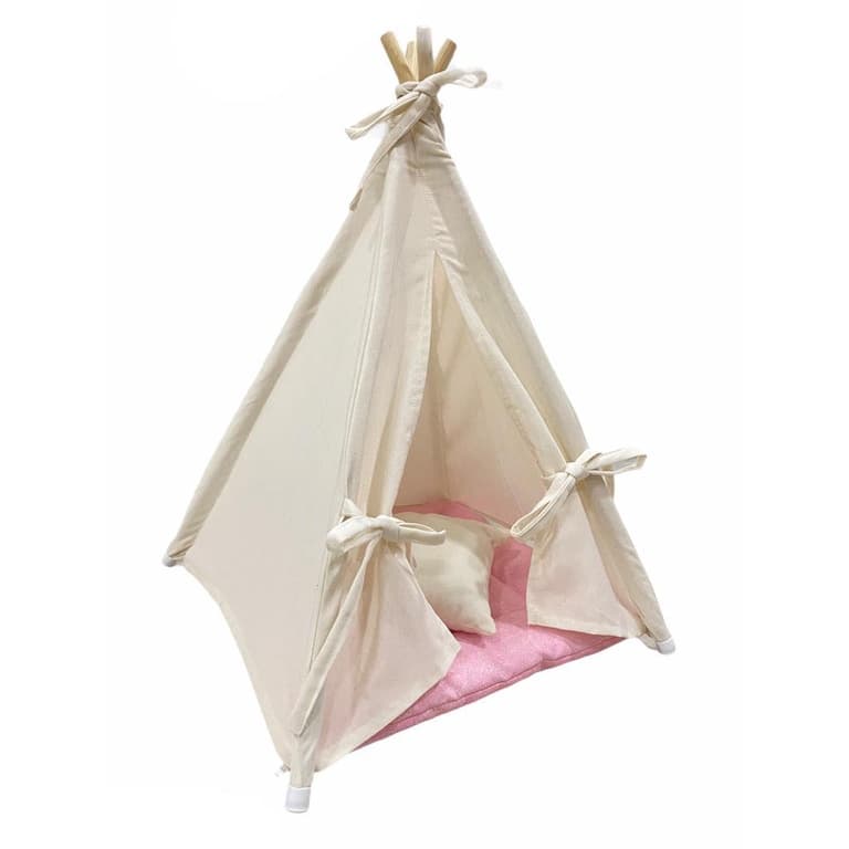 Cabana pet para cães e gatos cor cru com rosa tam. P