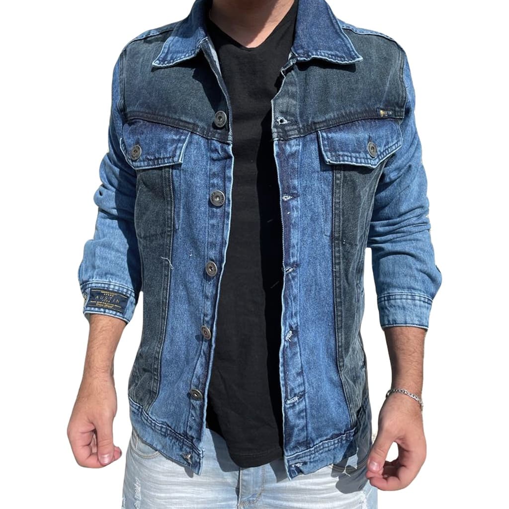 Jaqueta Jeans Azul Bicolor Austin Club Masculina Casaco Jaqueta Moda Inverno Premium
