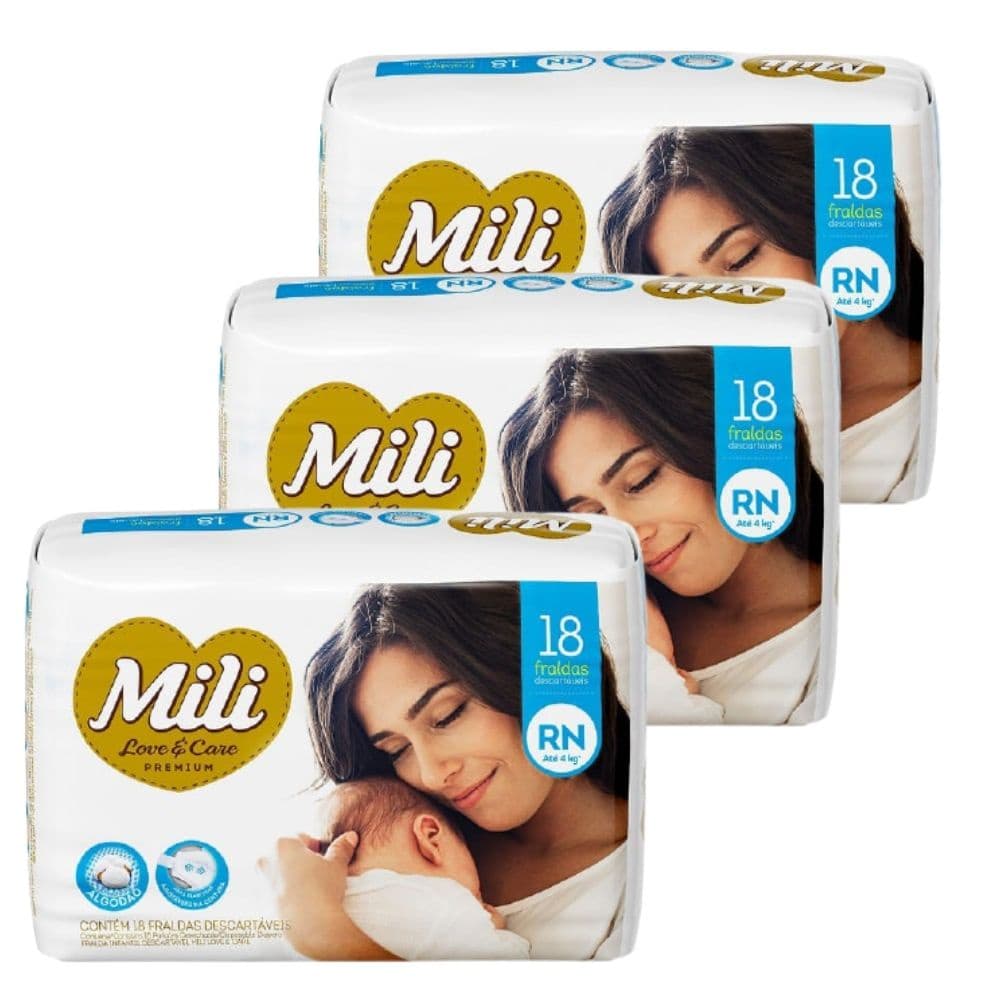 Fralda Descartável MILI Love & Care RN   3 pacotes c/ 18 fraldas (Total: 54 fraldas)  Premium