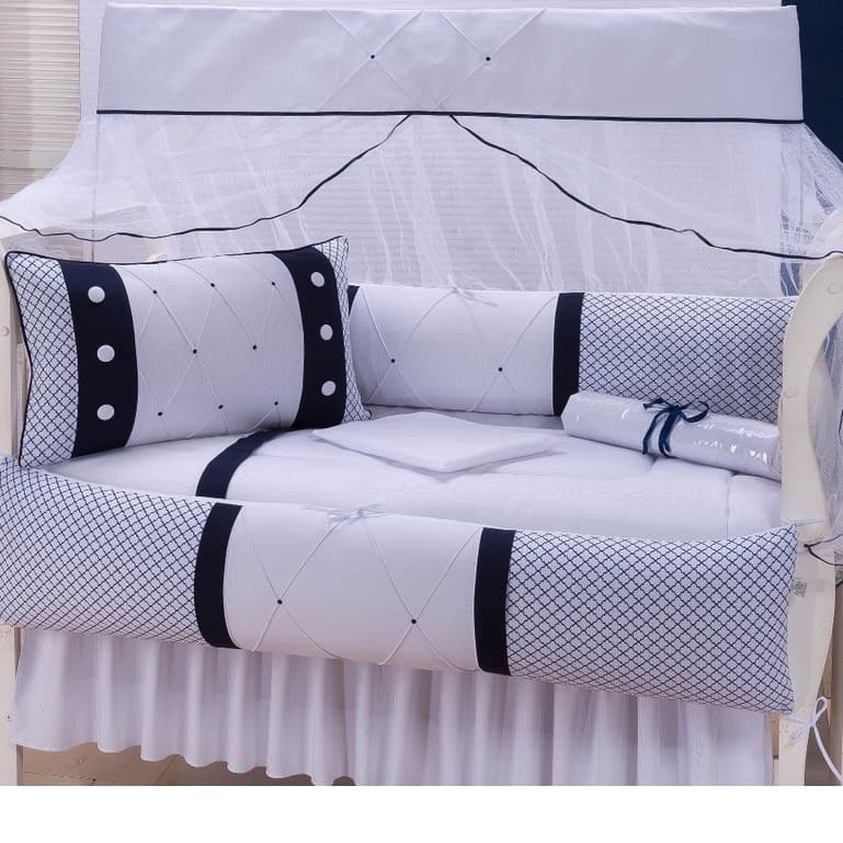 Kit Enxoval Para Berço Americano Marinho Com Nervuras + SAIA BRANCA