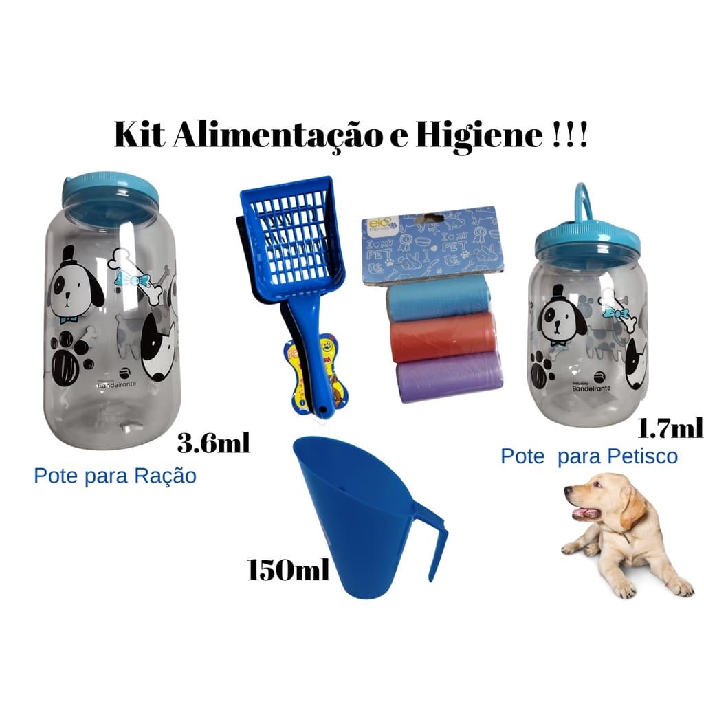 Kit Pote Porta Ração e Petisco, Pá Higiênica, Saquinho coletor cata – caca e Concha para pegar ração, Armazenar a Ração