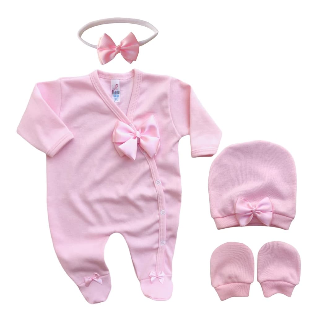 Kit 4 Peças Macacão Kimono + Tiara Laço + Touca + Luvas Para Bebê Enxoval Saída Maternidade