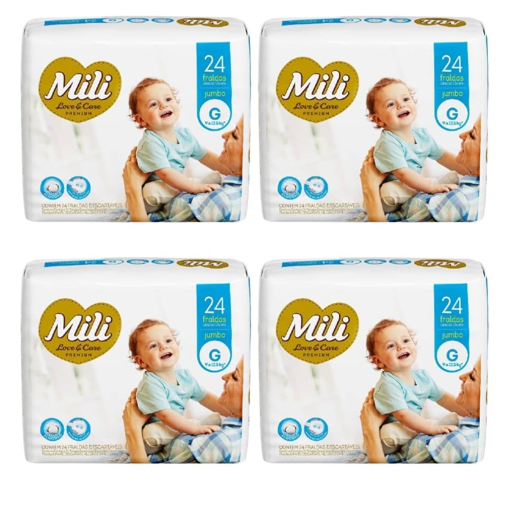 Fralda Descartável Mili  Love& Care  Tamanho G     4 Pacotes c/24 unid    ( Total: 96 fraldas)