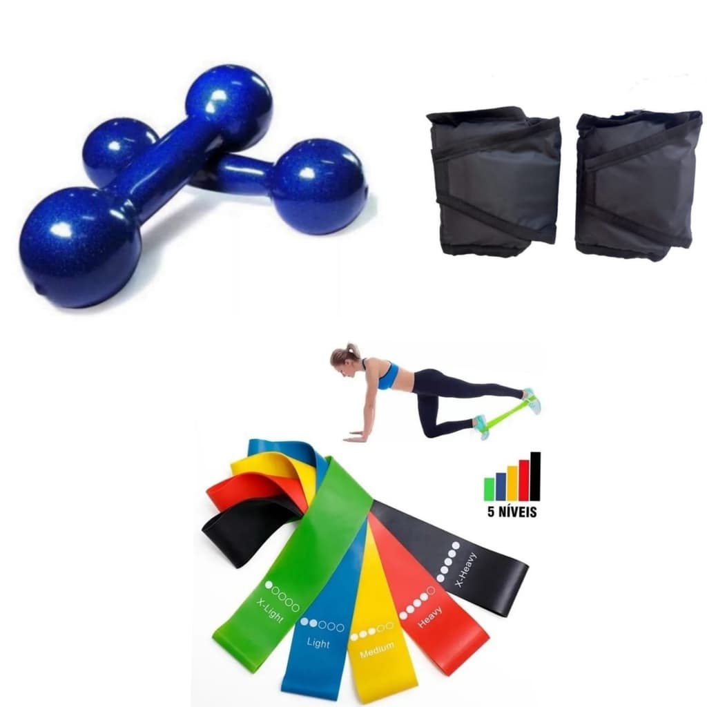 Kit Treino Funcional Par Caneleiras 1 Kg + Par Halteres 0,50 Kg (meio kg) + Kit 5 Mini Band