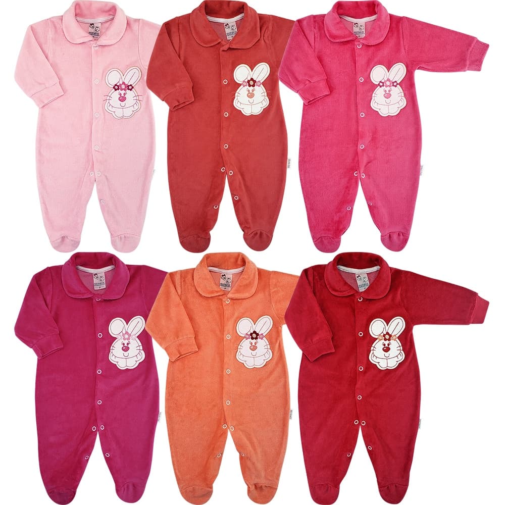 Macacão De Bebê Plush Bordado Ursa Básico Algodão Menina