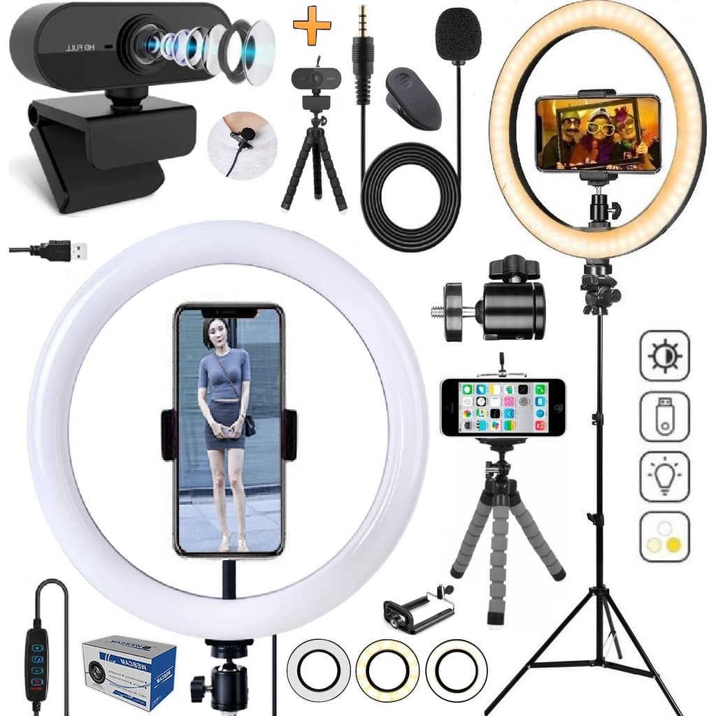 Kit Webcam Full Hd 1080p Luz Led Iluminador Microfone Gravação Vídeo Conferência Chamada Reunião Tripé Universal Celular