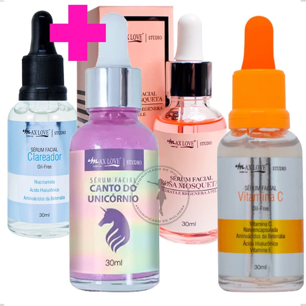 Kit C/ 4un Serum Clareador + Vitamina C+ Rosa Mosqueta Anti Envelhecimento + serum unicornio Max Love