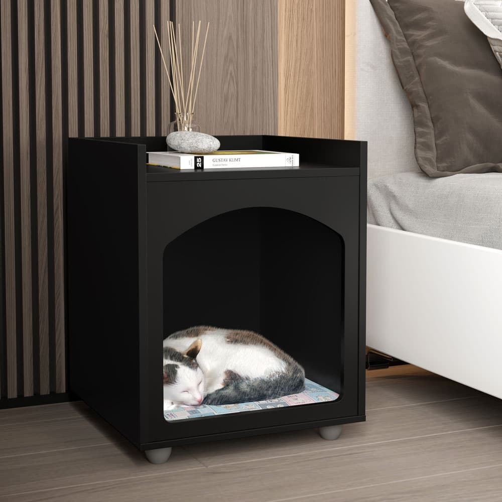 Mesa De Cabeceira Pet, Casinha De Cachorro/Gato, Cor: Preto Fosco
