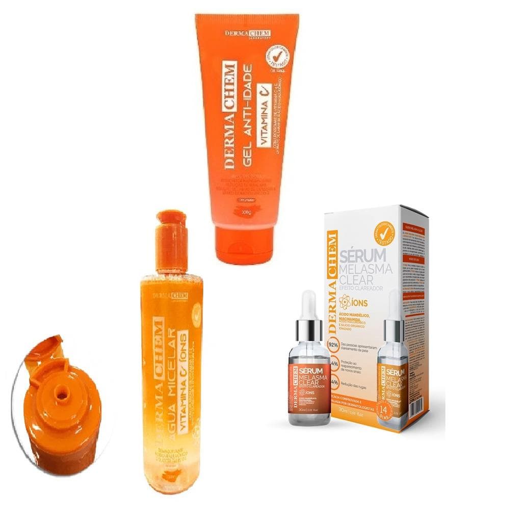 Skin Care Clareamento de Pele Com Vitamina C - Gel de Limpeza Facial Vitamina C + Serum Efeito Clareador Com Ácido Mandélico + Água Micelar Vitamina C - Dermachem
