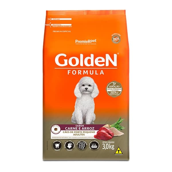 Ração Golden Formula Mini Bits para Cães Adultos de Pequeno Porte Sabor Carne e Arroz - 3Kg
