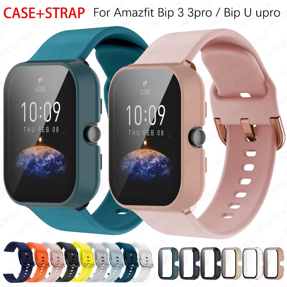 Faixa Esportiva + Estojo De Vidro Para Amazfit Bip 3/pro U Pulseira De silicone Smartwatch Relógio Inteligente + Tampa