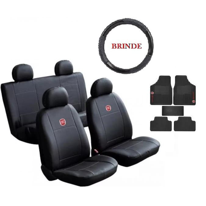 KIT CAPA PARA BANCO INTERIOR AUTOMOTIVO COURO COURVIN UNIVERSAL + JOGO DE TAPETE AUTOMOTIVO 5 PEÇAS INTERIOR CARRO UNIVERSAL + CAPA DE VOLANTE UNIVERSAL FIAT PALIO 1998