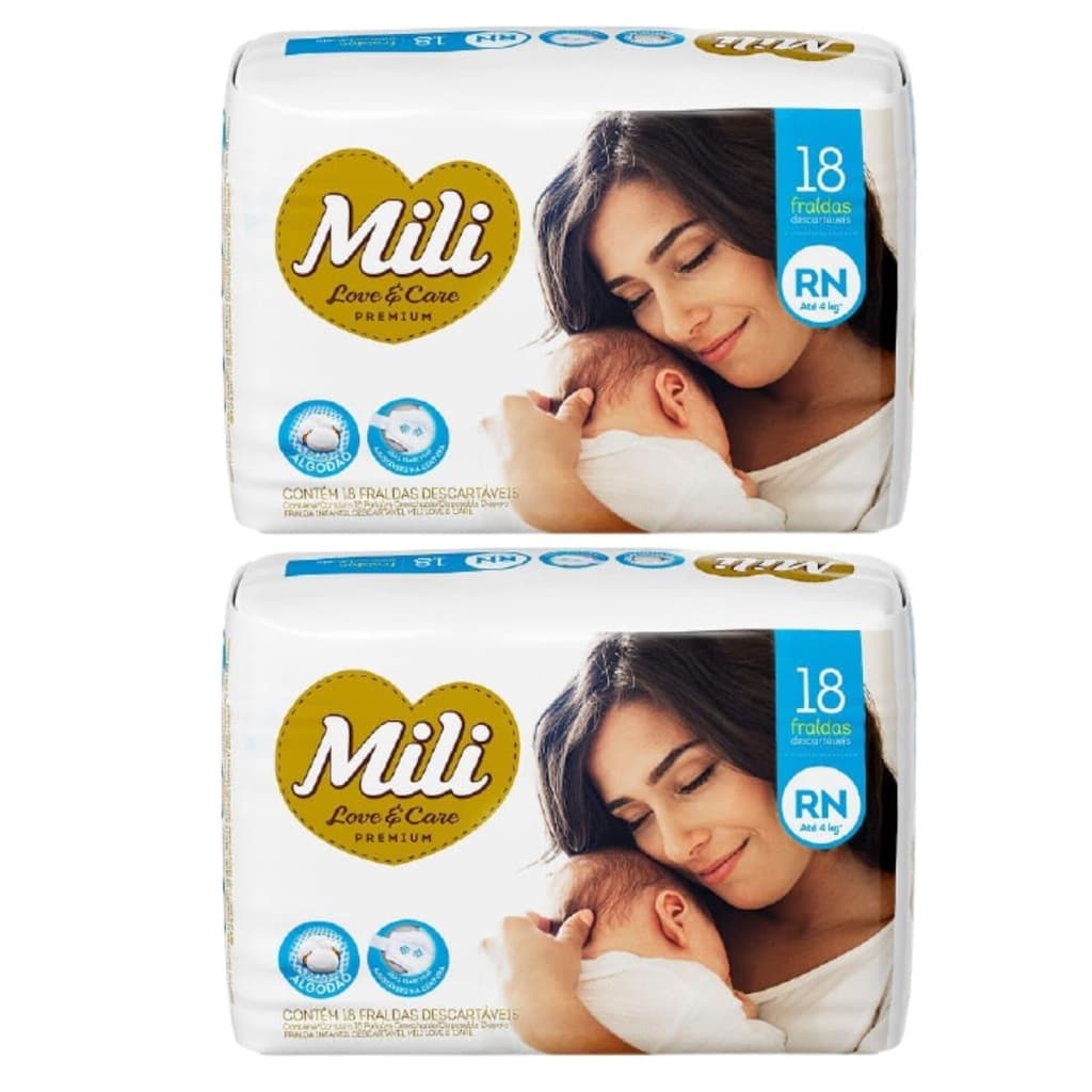 Fralda Descartável MILI Love & Care RN   2 pacotes c/ 18  (Total: 36 fraldas)
